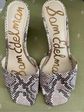 Sam Edelman Snake-Print Slide Mules in Taupe and Beige